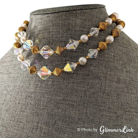VTG Double Strand AB Aurora Borealis Bicone Bead Faux Pearl Gold Tone Necklace - Picture 5 of 10